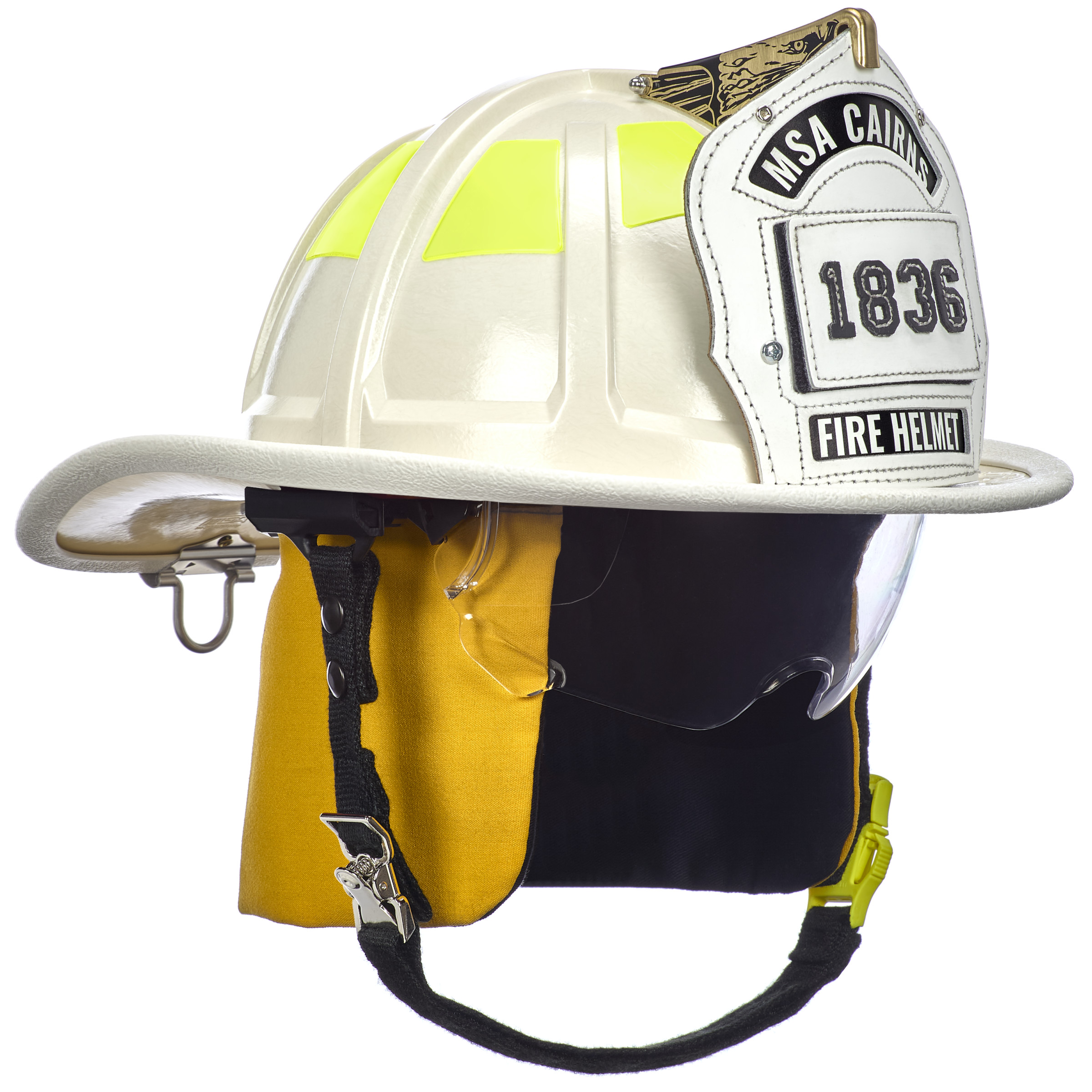 Cairns 1836 White Fire Helmet, with standard liner, clear Defender Visor, Yellow Nomex Earlaps, 6" Silkscreen eagle, Reflexite lime yellow